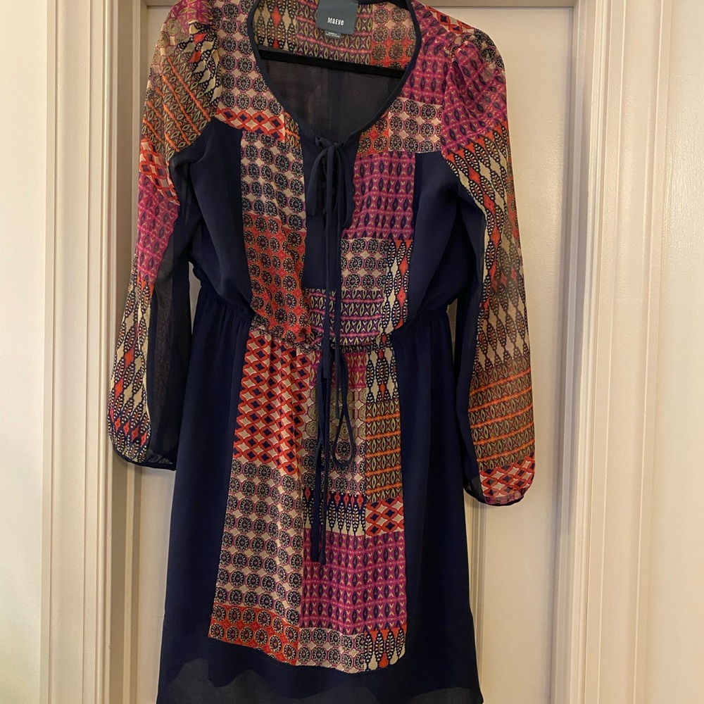 Maeve Navy Patchwork Boho Flowy Tie-Front Long Sleeve Dress